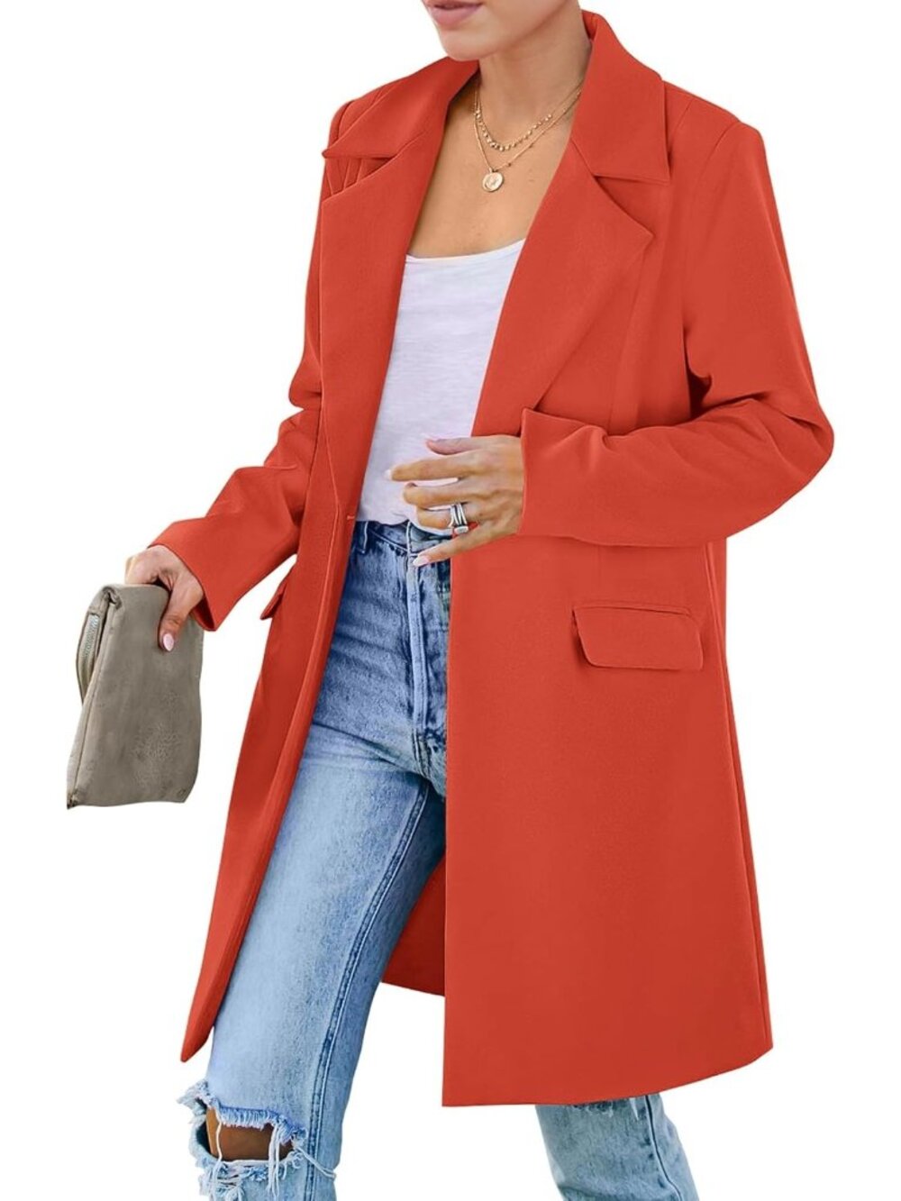 Women's Orange Red Mid-Length Padded Shoulder Loose Fit Fall Blazer Trench Coat